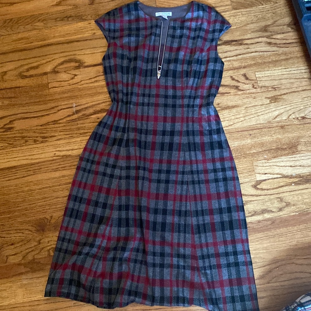 Grey dress with red and black plaid.   London style collection